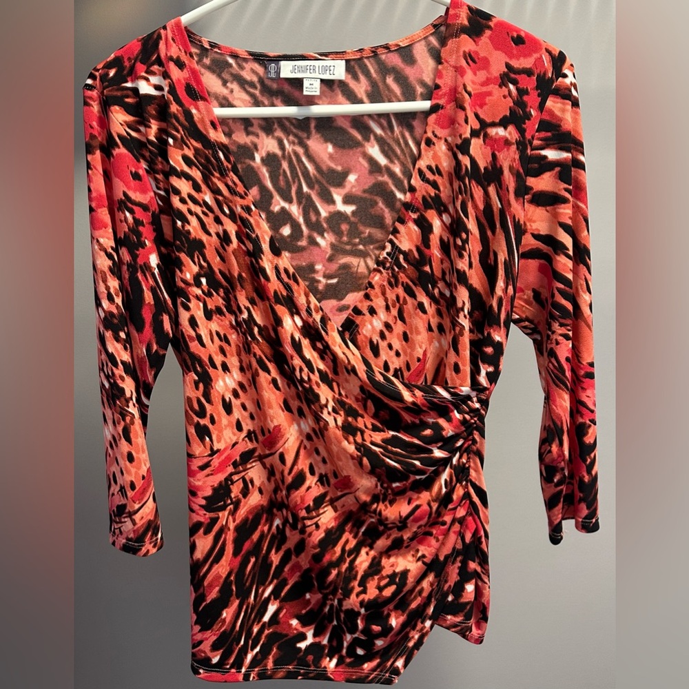JENNIFER LOPEZ size MP, faux wrap, animal print w/floral design V-neck blouse.